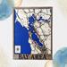 Map of the San Francisco Bay Area including the Pacific Ocean and a compass in the bottom left. Custom Beach House Wall Art Personalized